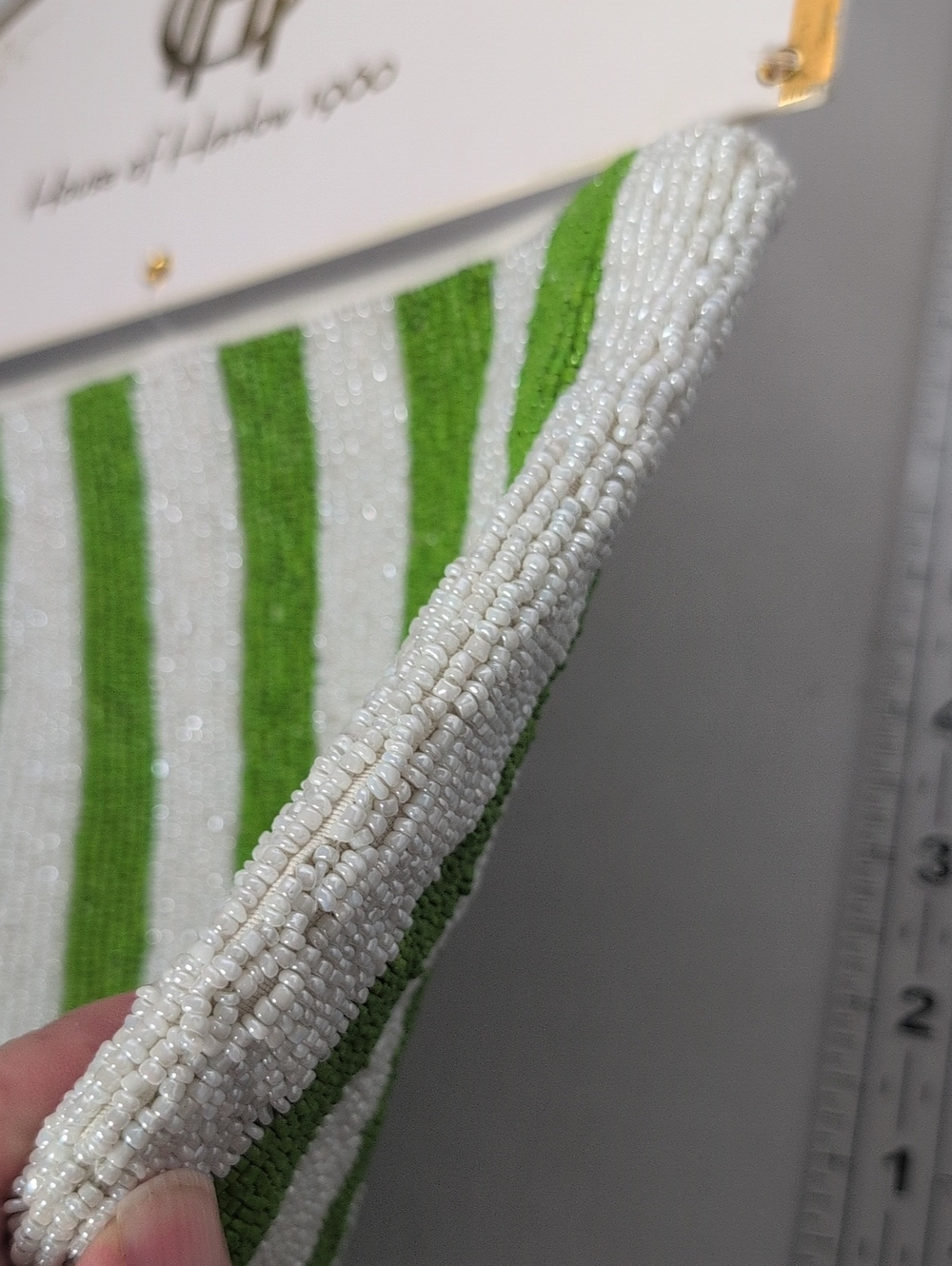 House of Harlow 1960 Hand Beaded Green & White Striped Wristlet Pouch - Picture 9 of 10